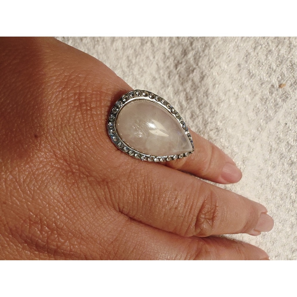 Ring Pink Rose Quartz Pear Shape Halo Rhinestone Silver Tone Size 6